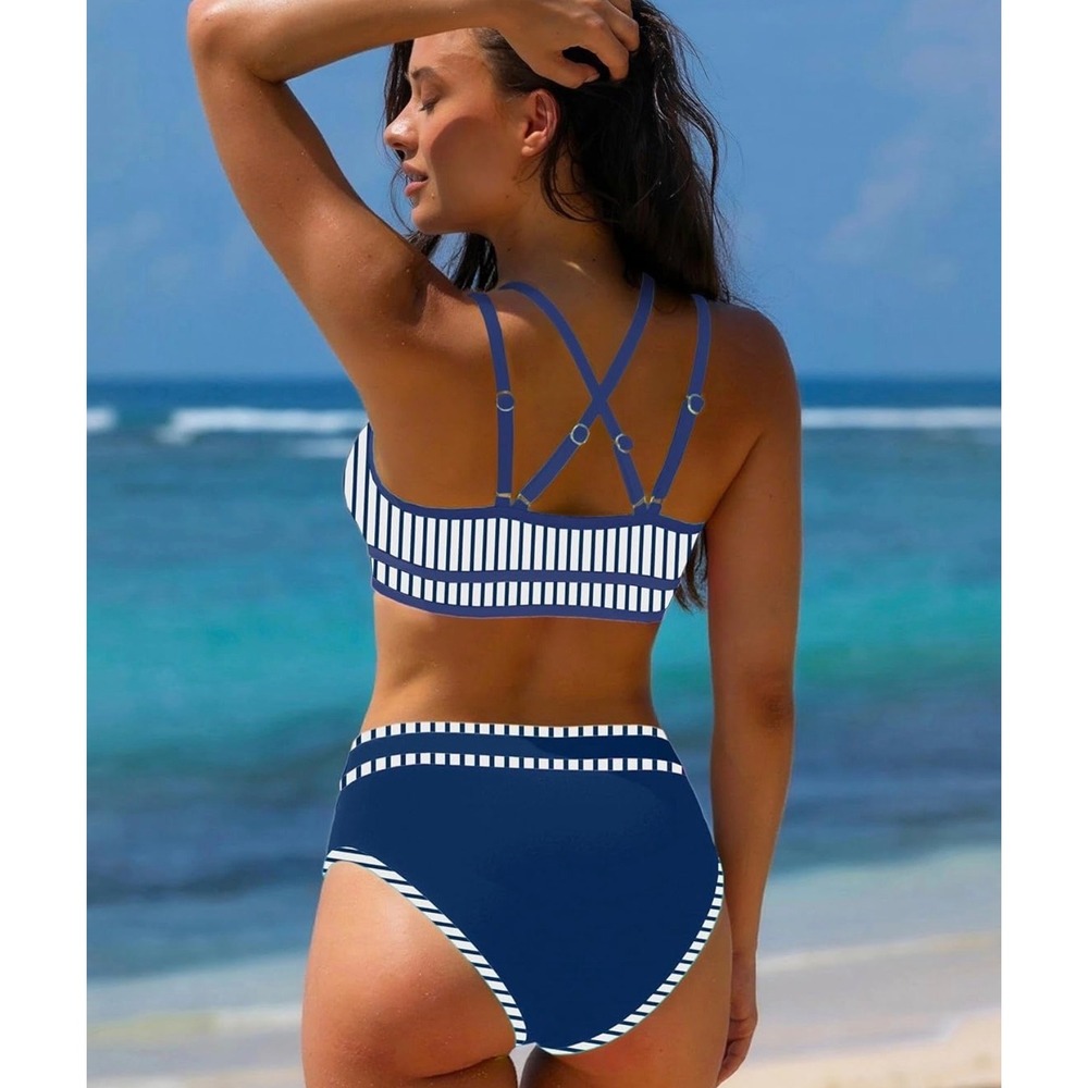 NWT Popvil High Waisted Bikini Set Blue Stripe Crisscross Sporty Bikini Small - Picture 2 of 7